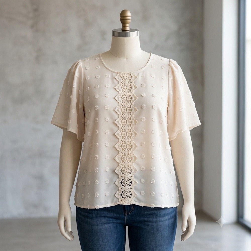 Swiss Dot Blouse Womens XL Cream Crochet Lace Flutter Sleeve Boho Top